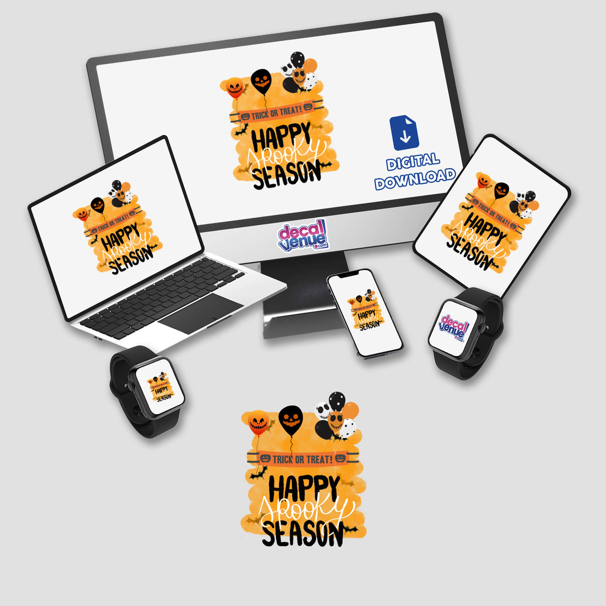 Happy Spooky Season decal featuring a computer monitor, laptop, and smartphone. Available as stickers or digital artwork, perfect for tech-themed Halloween decor from Decal Venue.