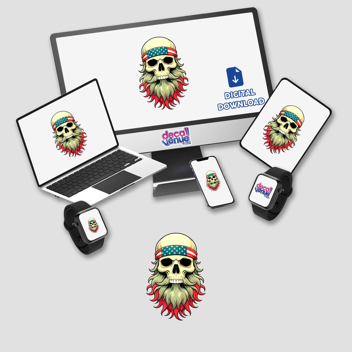 A Cool Skull With An American Flag Bandana depicted on a laptop screen, available as stickers or digital artwork, showcasing the unique vinyl design style from Decal Venue.