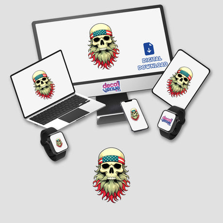 A Cool Skull With An American Flag Bandana depicted on a laptop screen, available as stickers or digital artwork, showcasing the unique vinyl design style from Decal Venue.