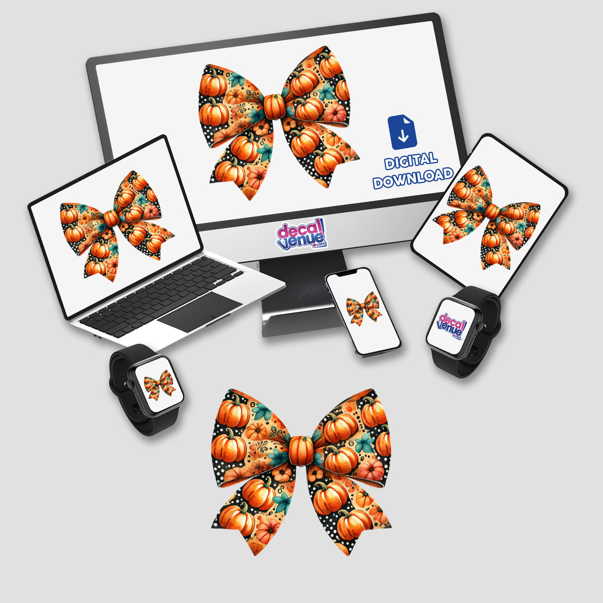 Pumpkin Pattern Coquette Bow displayed on a laptop screen, smart watch, and phone, emphasizing its versatility as stickers or digital artwork from Decal Venue.