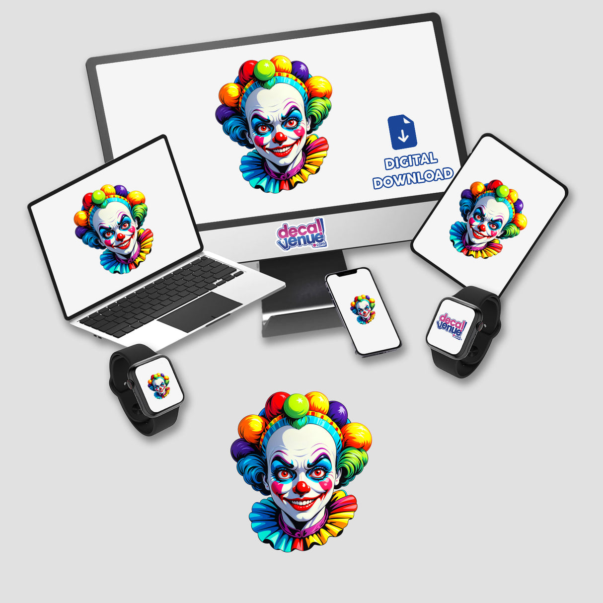 A Crazy Clown Girl features playful clown faces on a computer monitor, laptop, and other devices, available as unique stickers or digital artwork from Decal Venue.