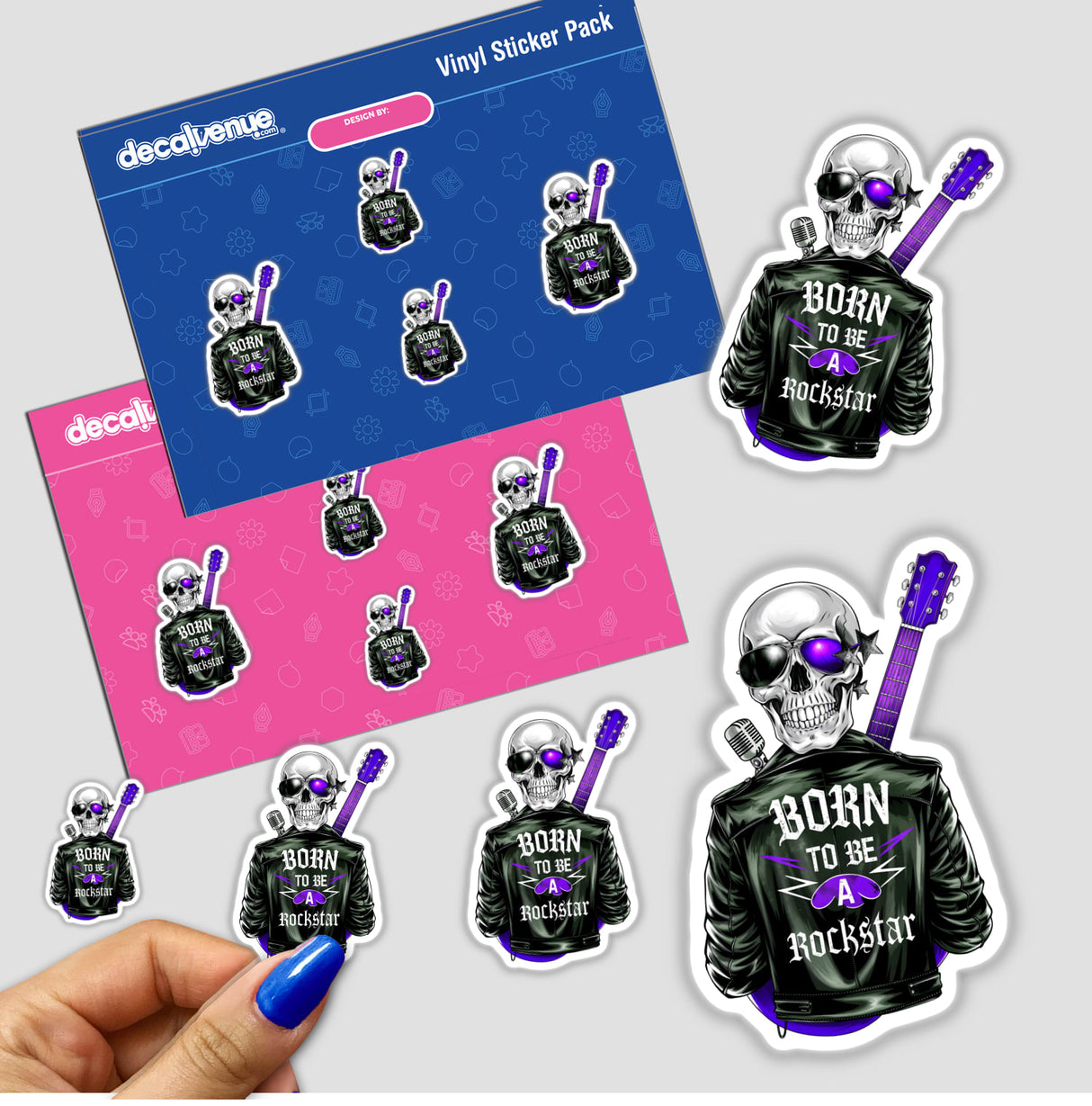 Born To Be A Rockstar stickers featuring skulls with guitars and microphones, embodying a rockstar theme, available as unique stickers or digital artwork from Decal Venue.