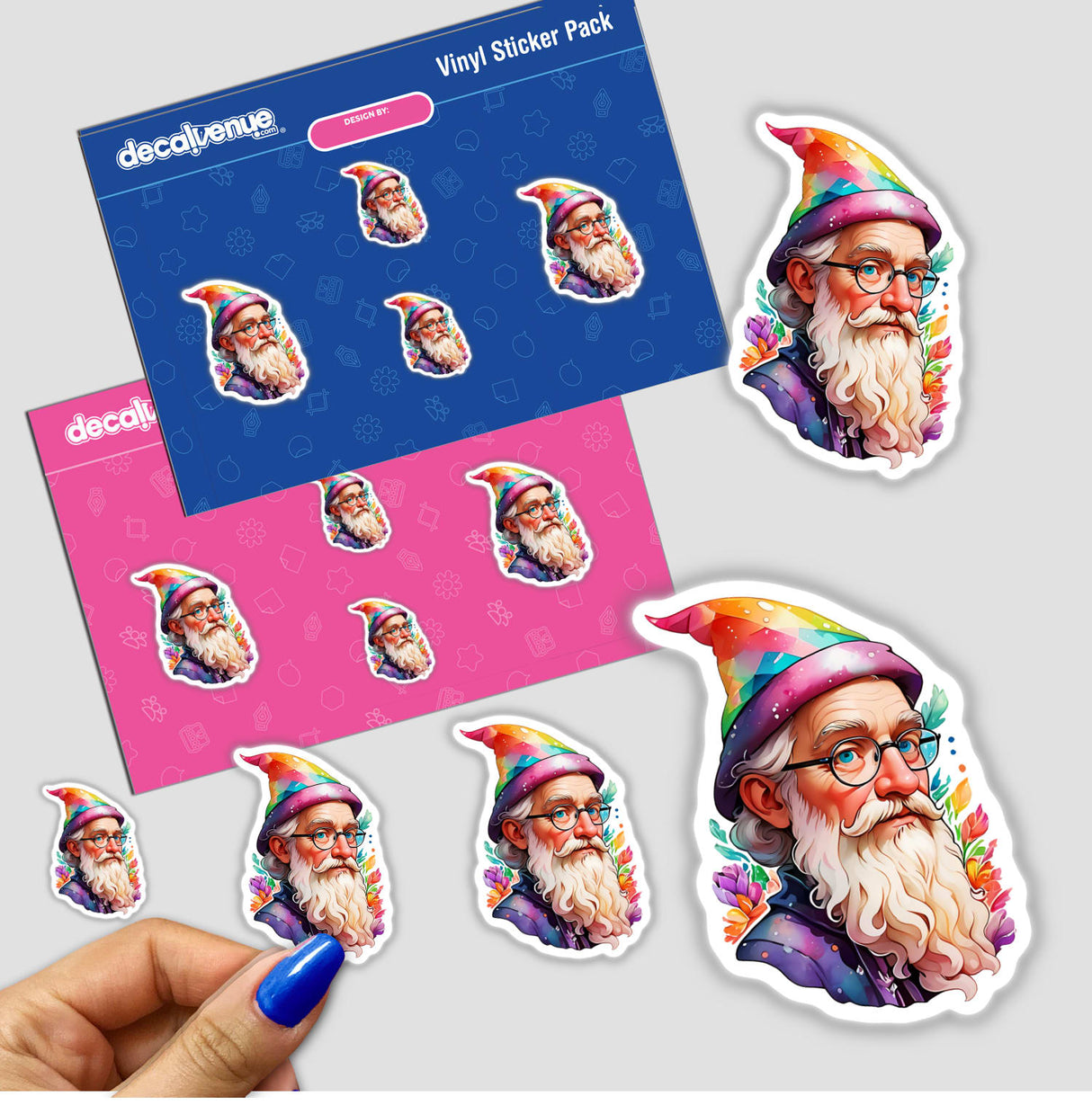 Sticker Design: Portrait of a Magical Wizard in a Classic Wizard Hat, featuring a cartoon of a bearded man with glasses and a hat, available as stickers or digital artwork.