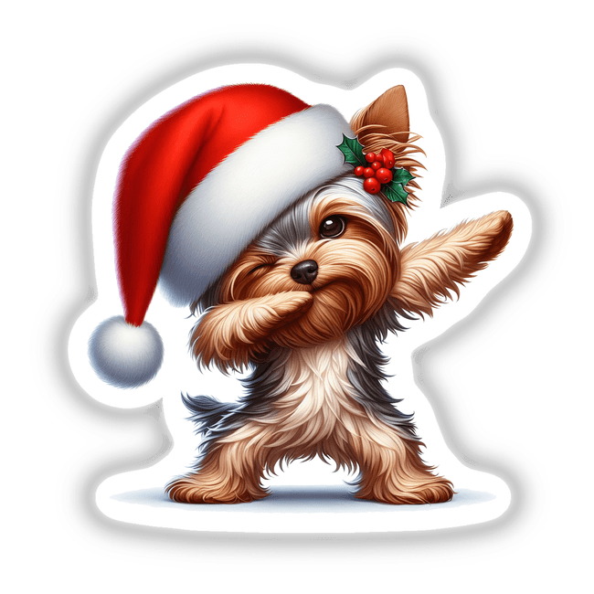 Dabbing Christmas Santa Yorkie Dog: A cute Yorkie wearing a Santa hat, available as stickers or digital artwork. Perfect for festive decor or digital use.