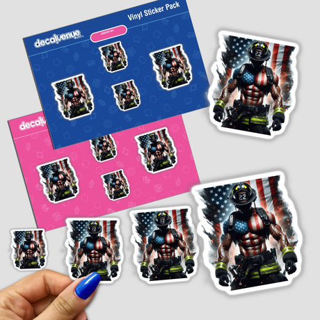 Muscular American Firefighter sticker, featuring a heroic firefighter holding a flag, available as a vinyl sticker or digital art, embodying Decal Venue's unique and bold design style.