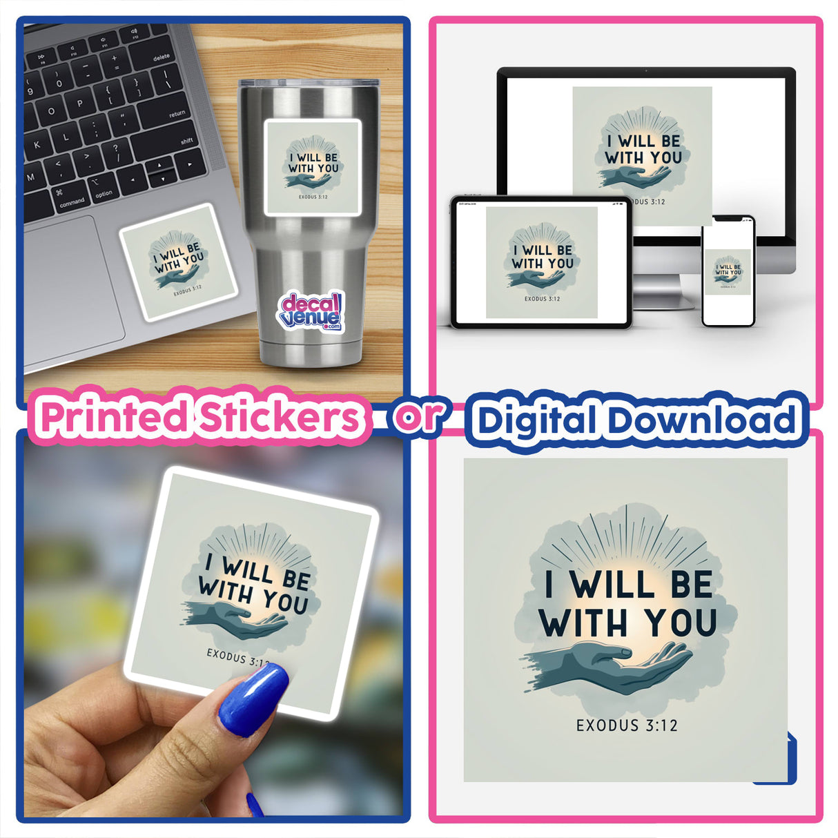 I Will Be With You – Exodus 3:12 Christian Sticker or Clipart showcased on a laptop and a silver mug with sticker. Available as stickers or digital artwork with commercial rights.