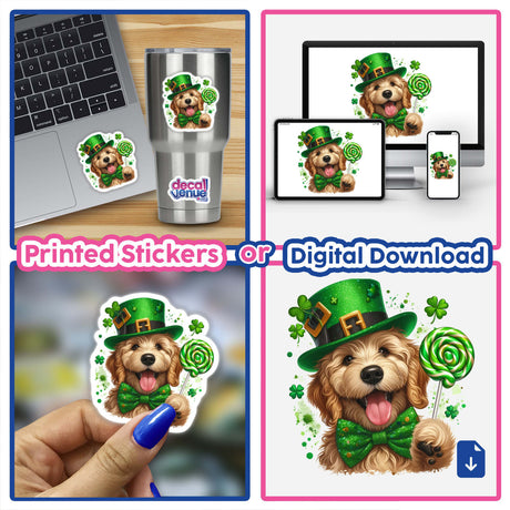 Happy Irish Goldendoodle with Lollipop sticker or digital artwork, featuring a cartoon dog wearing a hat and bow tie, holding a lollipop. Perfect for laptops or personal items.