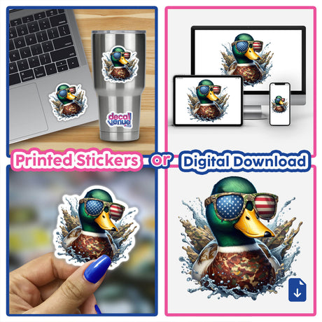 Mallard Duck Camo Splash sticker featuring a cartoon duck wearing sunglasses with an American flag design, available as stickers or digital artwork from Decal Venue.