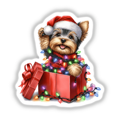 Christmas Lights Santa Yorkie Dog in Gift Box V: A Yorkie wearing a Santa hat, adorned with Christmas lights, sits in a gift box, offered as stickers or digital artwork.