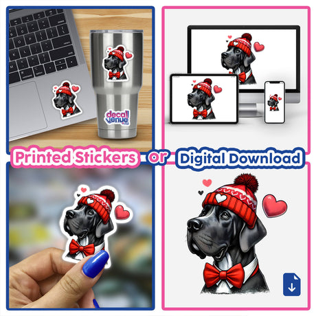 Great Dane with Beanie Hatpng features a playful sticker showing a dog in a beanie and bow tie, perfect for decorating laptops or as digital artwork.