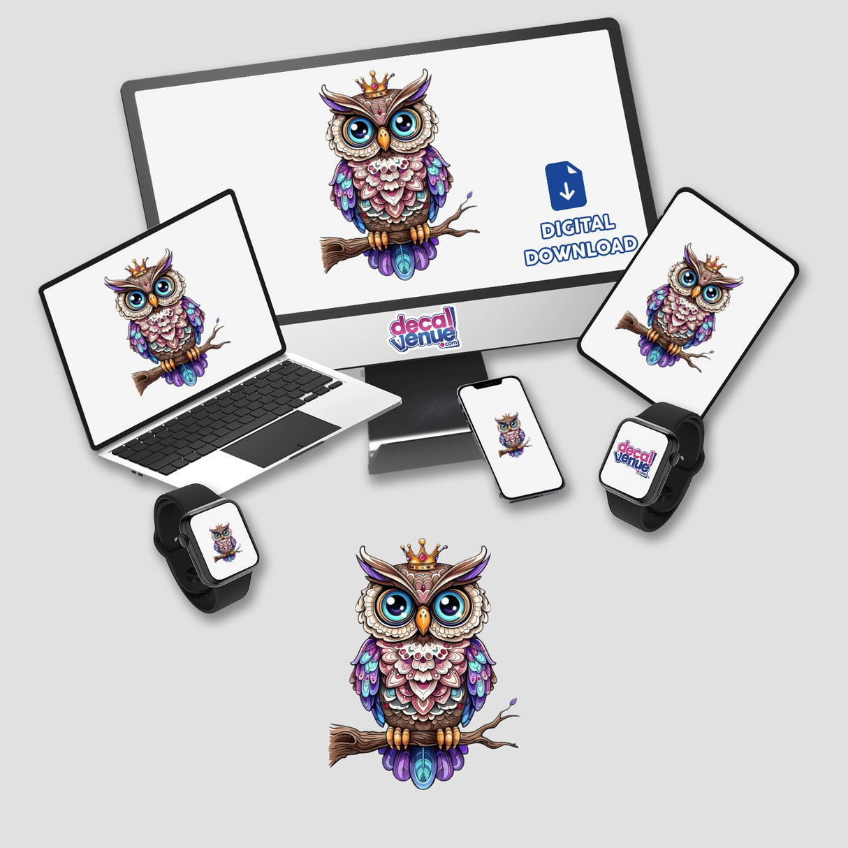 Regal Owl with Intricate Patterns and Crown on a Branch displayed on computer monitors and devices, available as stickers or digital artwork from Decal Venue.