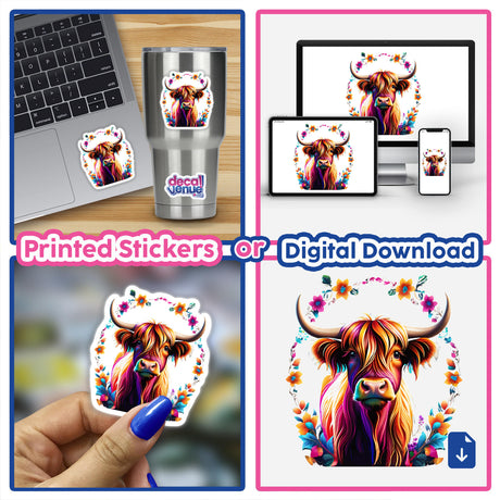 Colorful highland cow with floral design printed on stickers and digital files, available for download or printed products from Decal Venue, an online store offering unique stickers and digital art.