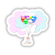 Baby Boy With Balloons In Clouds features a cartoon baby joyfully holding colorful balloons in the sky, available as unique stickers or digital artwork from Decal Venue.