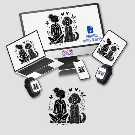 Goldendoodle Dog Mom stickers or digital art featuring illustrations of a woman with a Goldendoodle, displayed on various devices including a laptop and smartwatch.