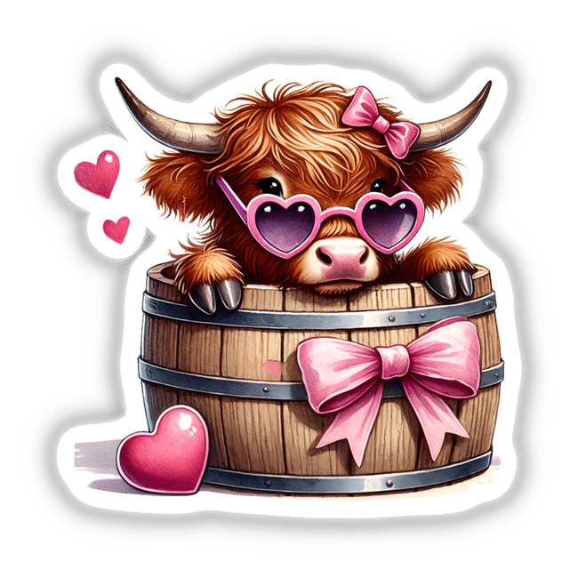 Highland Cow in Coquette Barrel: A cartoon cow with pink heart glasses sits in a barrel adorned with a pink bow, available as stickers or digital artwork from Decal Venue.