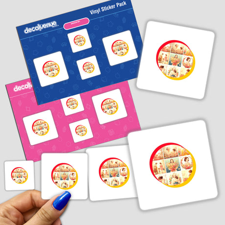 Hand holding a Mother's Day sticker pack featuring cartoon images of women and children, available as stickers or digital artwork from Decal Venue.