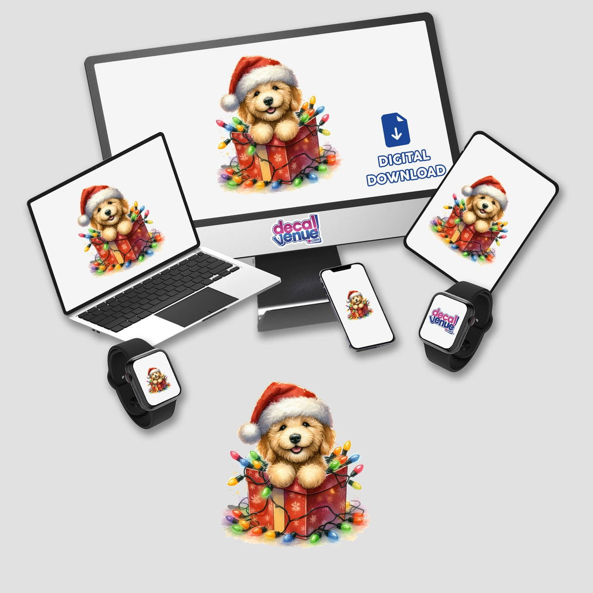 Christmas Lights Santa Golden Doodle Dog in Gift Box depicted on a laptop, monitor, and tablet, showcasing festive digital artwork available as unique stickers or digital art.