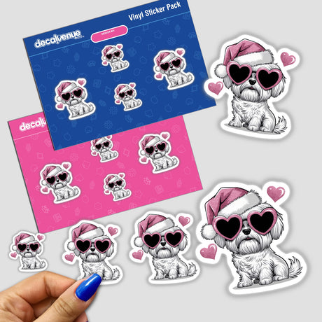 Christmas Santa Pink Glitter Maltese Dog sticker featuring a cartoon dog in heart-shaped sunglasses and a Santa hat, available as a sticker or digital artwork from Decal Venue.