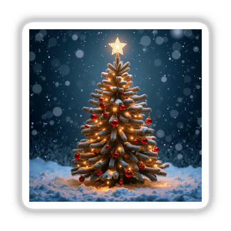 Christmas Tree Envelope Seal Stickers featuring a decorated tree with lights and ornaments, ideal for adding a festive touch to holiday cards. Available as stickers or digital artwork.