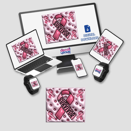 Gold Breast Cancer Series 17: Computer monitor and laptop displaying pink ribbons, offered as stickers or digital artwork.