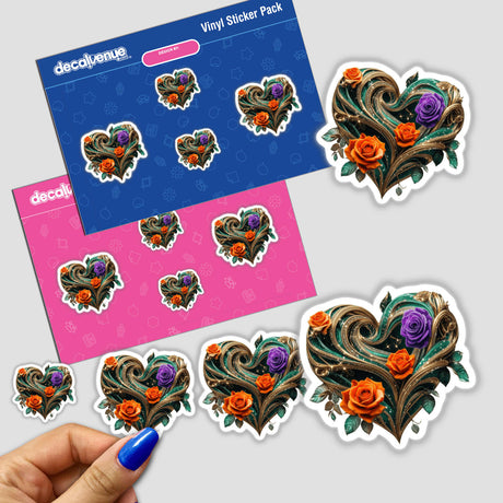 Emerald Gold Heart sticker featuring orange and purple roses, available as vibrant decals or digital artwork. Perfect for adding floral elegance to any surface.