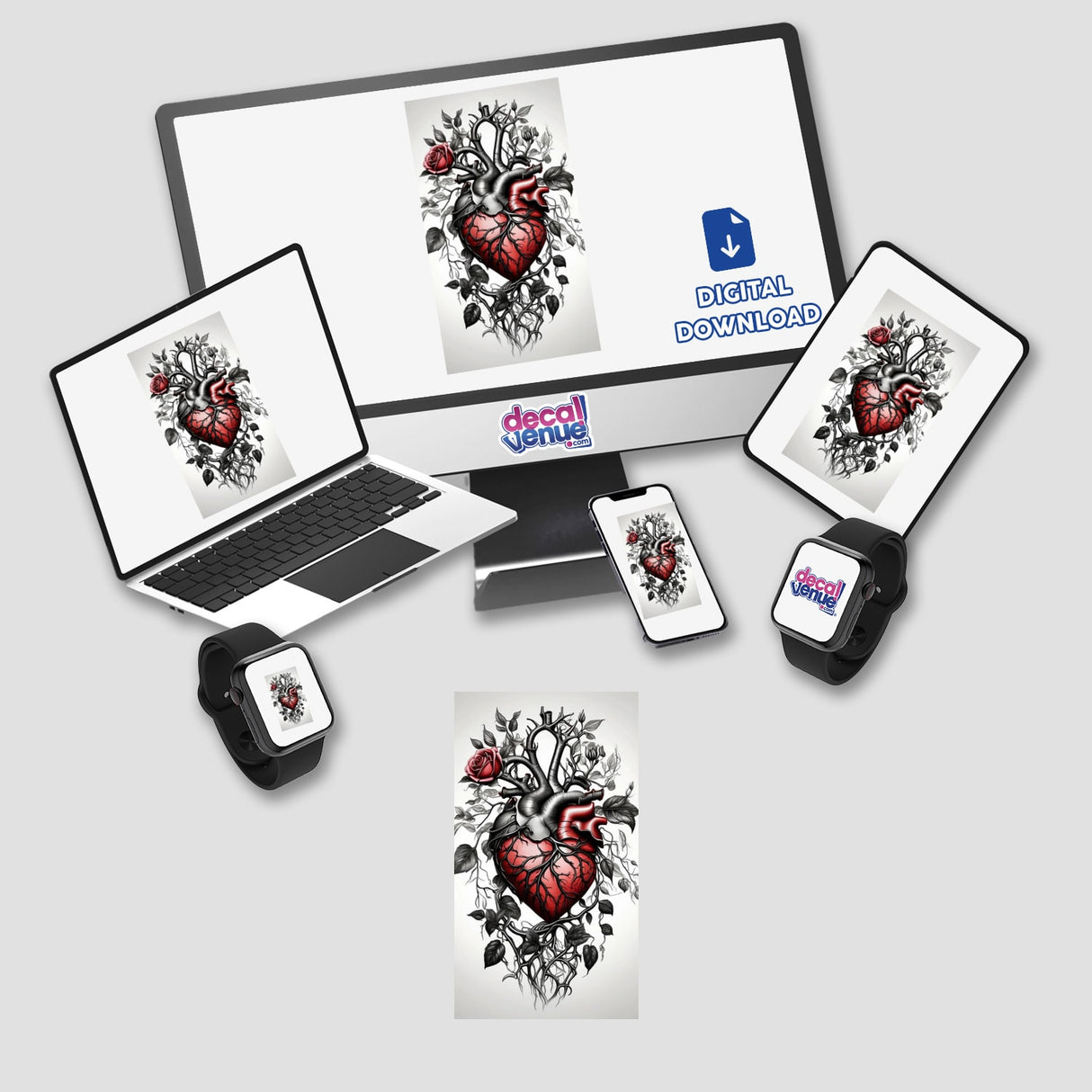 Thorns & Vines Heart displayed on various digital devices, showcasing intricate heart and rose designs available as stickers or digital artwork.