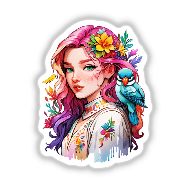 Coachella Floral Portrait Sticker - Bohemian woman with colorful hair, flowers, and a bird on her shoulder, available as stickers or digital artwork.