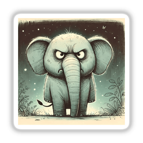 Grumpy elephant cartoon with a long trunk, available as stickers or digital artwork, from Decal Venue.