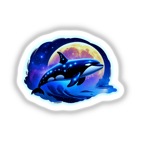 A Cute Magical Orca floats among stars in the night sky, blending whimsy with marine life, available as unique stickers or digital artwork from Decal Venue.