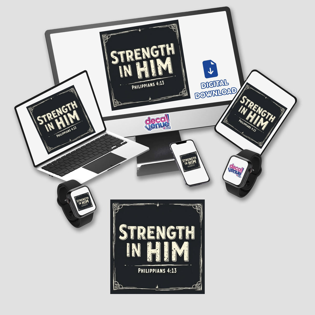 Strength in Him – Philippians 4:13 sticker or clipart features uplifting Christian affirmation text, ideal for digital or physical use, embodying Decal Venue's unique art collection.