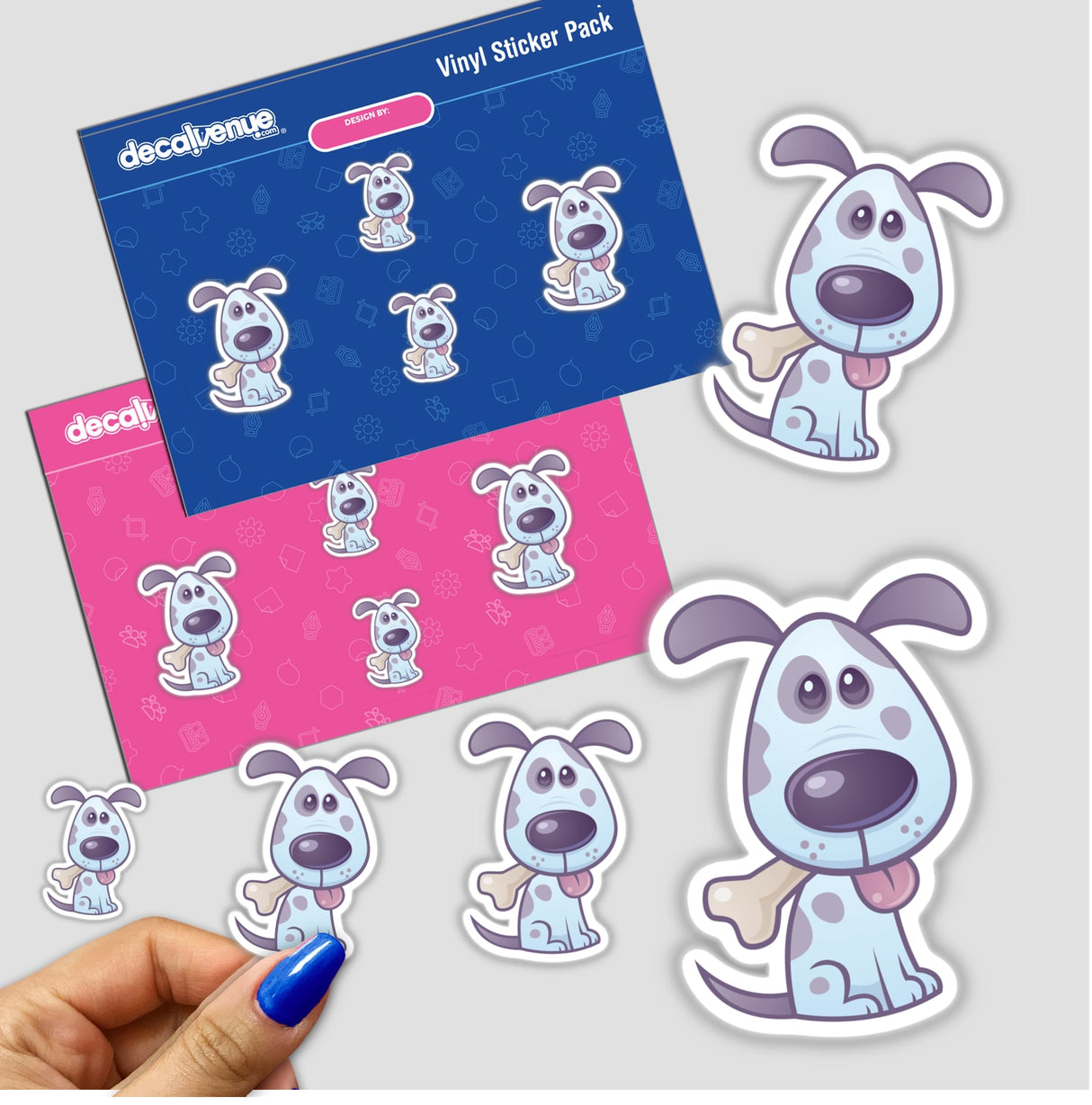 Sticker pack featuring cartoon dogs titled Puppy with Bone, held in a hand. The stickers depict playful dogs with bones, capturing a fun, whimsical style from Decal Venue.