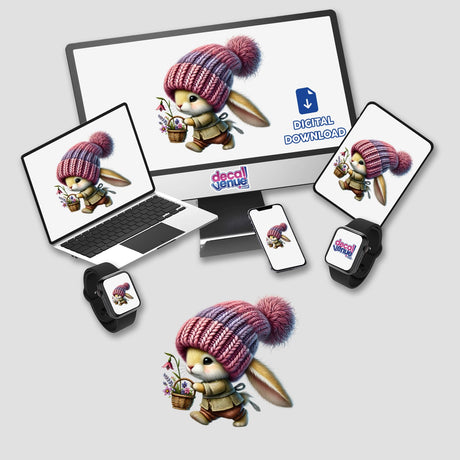 Adorable bunny gnome with colorful striped hat and tiny basket, showcased across various digital devices and products from Decal Venue store.