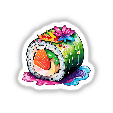 Sushi Delight: Cute Watercolor Roll Sticker featuring a sushi roll adorned with whimsical flowers and leaves, perfect for adding charm to your collection. Available as stickers or digital artwork.