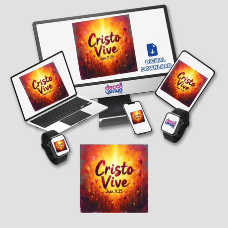 Cristo Vive Juan 11:25 Sticker or Clipart, featuring a monitor, laptop, and phone displaying artwork. Available as unique stickers or digital artwork for Resurrection Sunday.