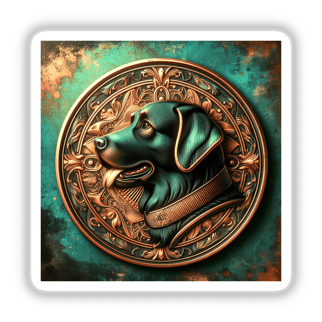 Detailed digital artwork of a black Labrador Retriever dog medallion with an ornate, decorative border on a teal and copper-colored background.