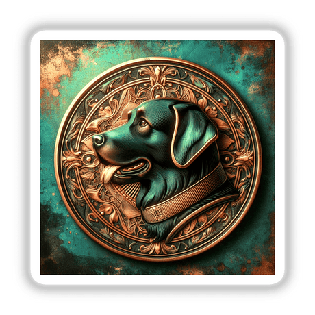 Detailed digital artwork of a black Labrador Retriever dog medallion with an ornate, decorative border on a teal and copper-colored background.