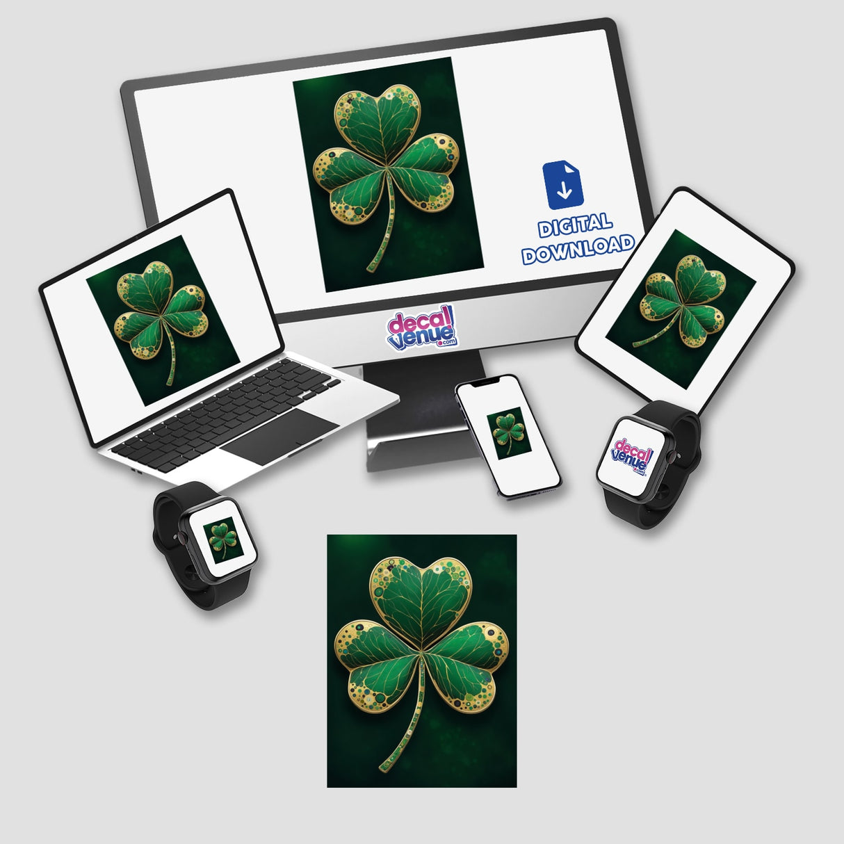 Shamrock – Green Clover with Gold and Jewel Accents displayed on a computer monitor and laptop, available as stickers or digital artwork, showcasing Decal Venue's unique vinyl sticker and digital art offerings.