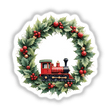 Toy Train in a Christmas Wreath featuring a red and black toy train encircled by lush greenery and festive berries, available as unique stickers or digital artwork.