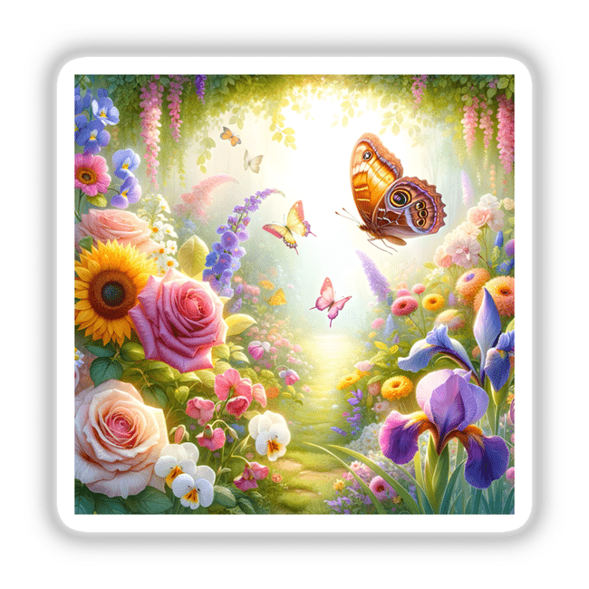 Butterfly in a Flower Garden Watercolor Illustration depicting a vibrant scene with butterflies and flowers, available as stickers or digital artwork.