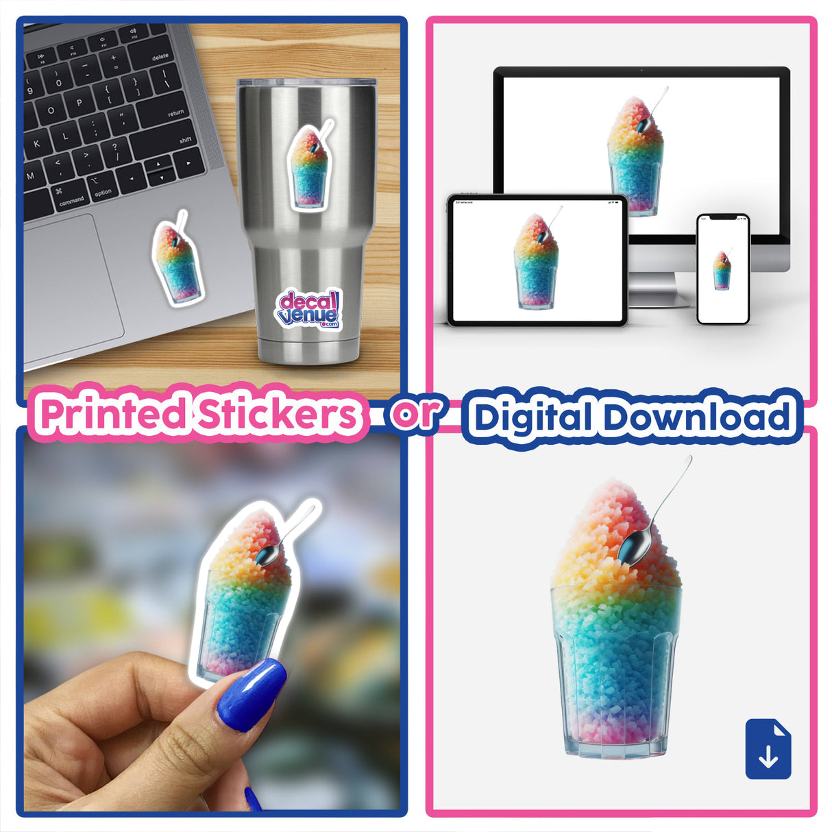 Colorful shaved ice digital artwork - vibrant rainbow-colored icy treat available as printed stickers or digital download from Decal Venue.