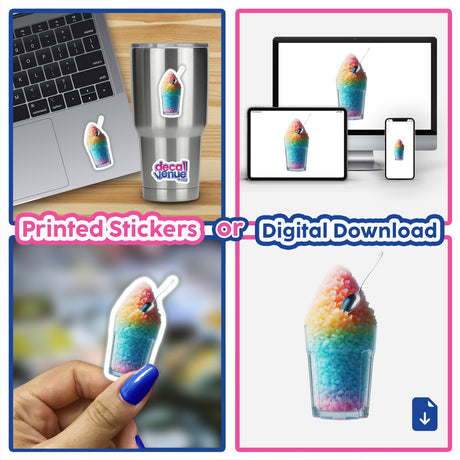 Colorful shaved ice digital artwork - vibrant rainbow-colored icy treat available as printed stickers or digital download from Decal Venue.