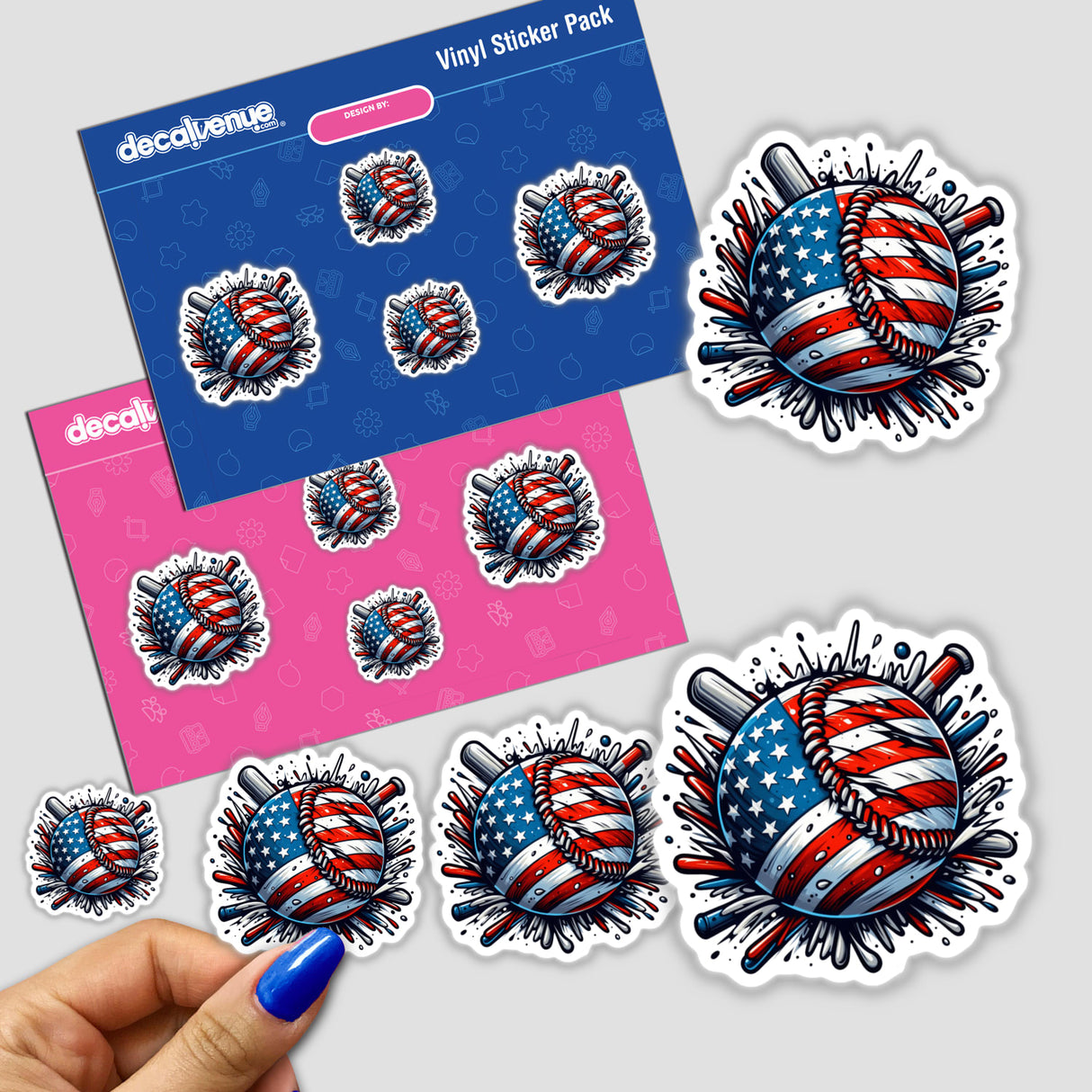 American Flag Baseball Splatter III features a baseball adorned with the American flag design, available as both a sticker and digital artwork, embodying Decal Venue's unique vinyl sticker style.