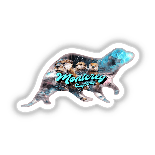 Otter Monterey sticker featuring a whimsical cartoon of a group of otters playfully swimming, available as a sticker or digital artwork, embodying Decal Venue's unique artistic flair.