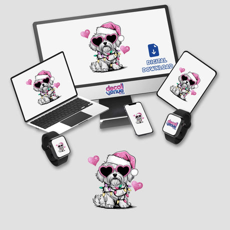 Christmas Santa Pink Maltese Dog in Lights depicted on a laptop, monitor, and phone screens as a cartoon, highlighting its availability as unique stickers or digital artwork from Decal Venue.