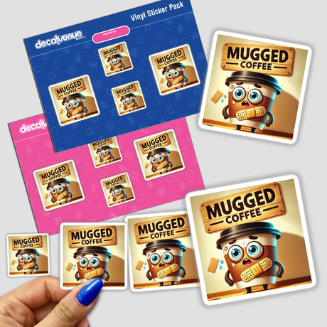 Mugged Coffee stickers featuring cartoon characters, including one with a bandage, ideal for personalized decoration. Available as stickers or digital artwork.