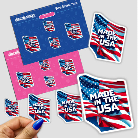 Hand holding Made In The USA American Flag sticker from Decal Venue, showcasing the intricate flag design available as stickers or digital artwork.