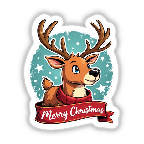 Merry Christmas Reindeer Festive Holiday sticker featuring a cartoon deer with a red ribbon, ideal for holiday decor. Available as stickers or digital artwork from Decal Venue.