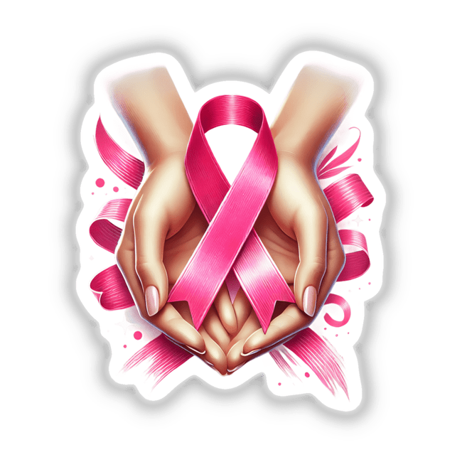 Pink Ribbon and Hands Breast Cancer Awareness: A close-up of hands gently holding a pink ribbon, symbolizing breast cancer awareness. Available as stickers or digital artwork.