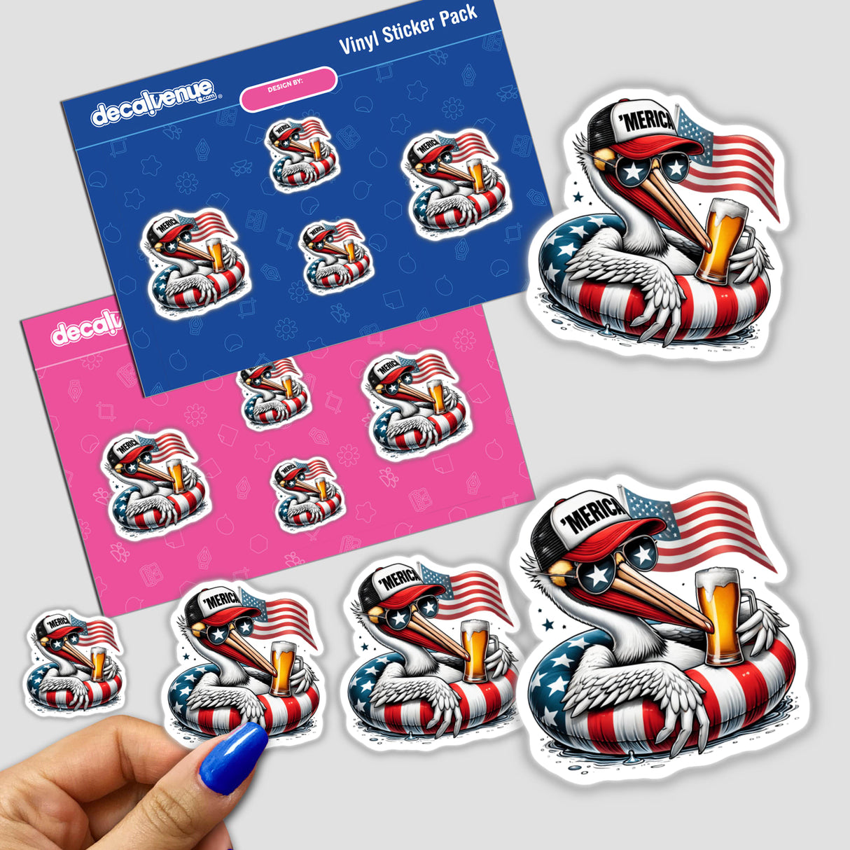 White Pelican American Flag Float Merica sticker featuring a cartoon pelican with a hat and sunglasses, holding a beer and an American flag.