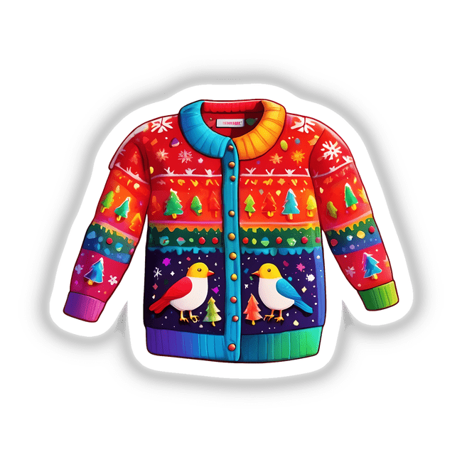 Ugly Christmas sweater featuring playful bird designs, available as stickers or digital artwork from Decal Venue.